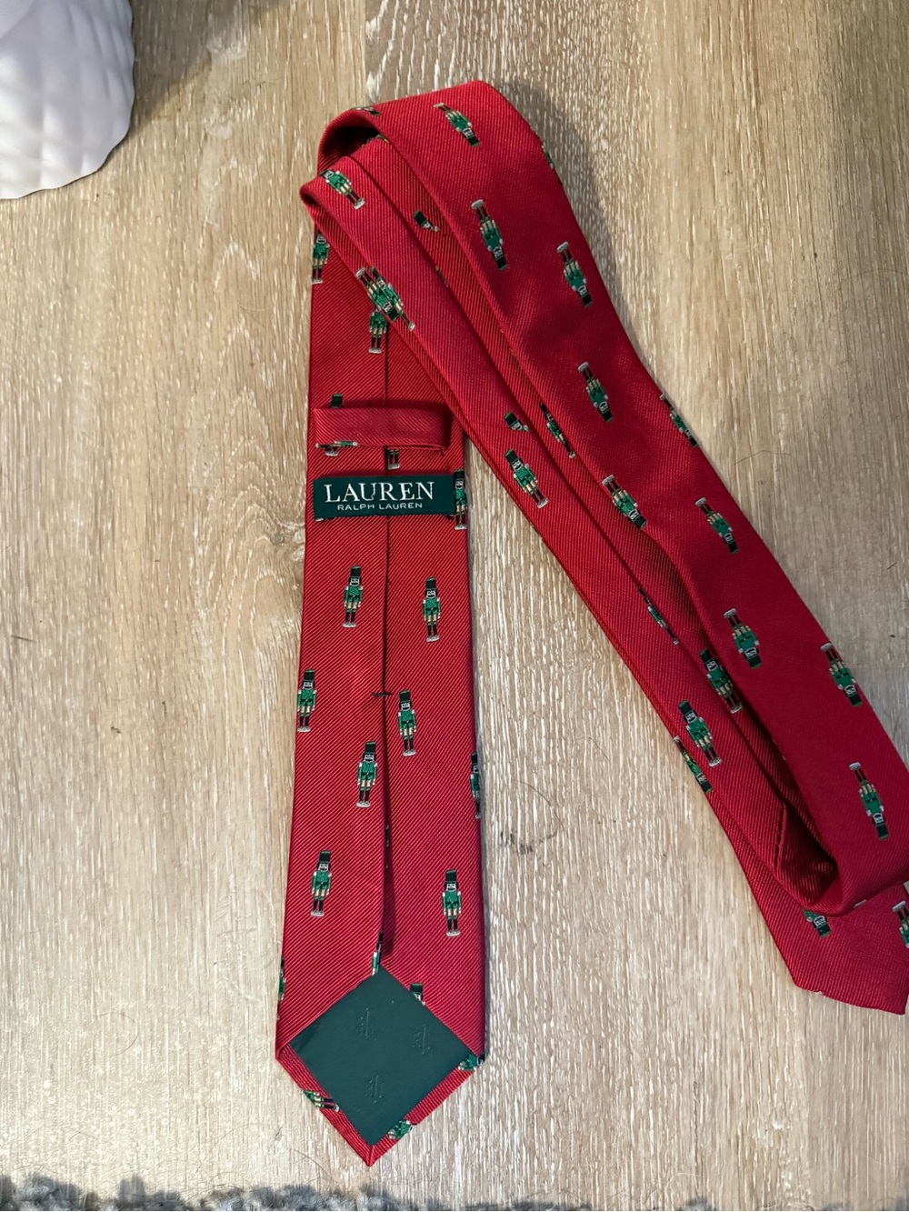 Vintage Lauren Ralph Lauren Red Silk Tie with Green Nutcracker Motif